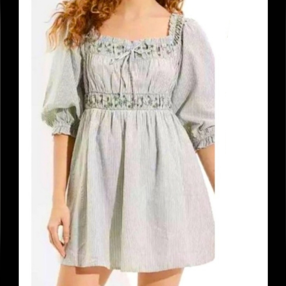 American Eagle Embroidered Flowers Off Shoulder Stipe Peasant Dress
